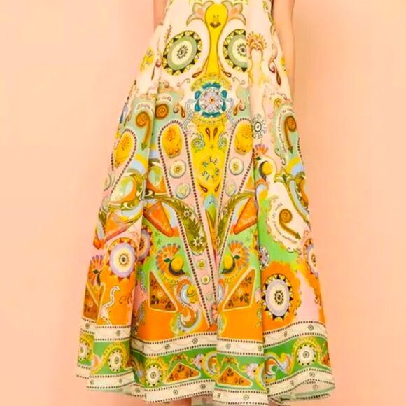 AVANT GARD Multi Color linen PAISLEY PRINT MIDI DRESS M BOAT NECK TIE BACK - Picture 3 of 7